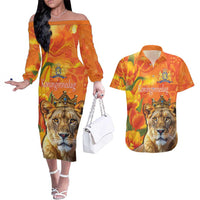 Personalized Netherlands Koninginnedag Couples Matching Off The Shoulder Long Sleeve Dress and Hawaiian Shirt 30th April Lioness with Orange Tulip