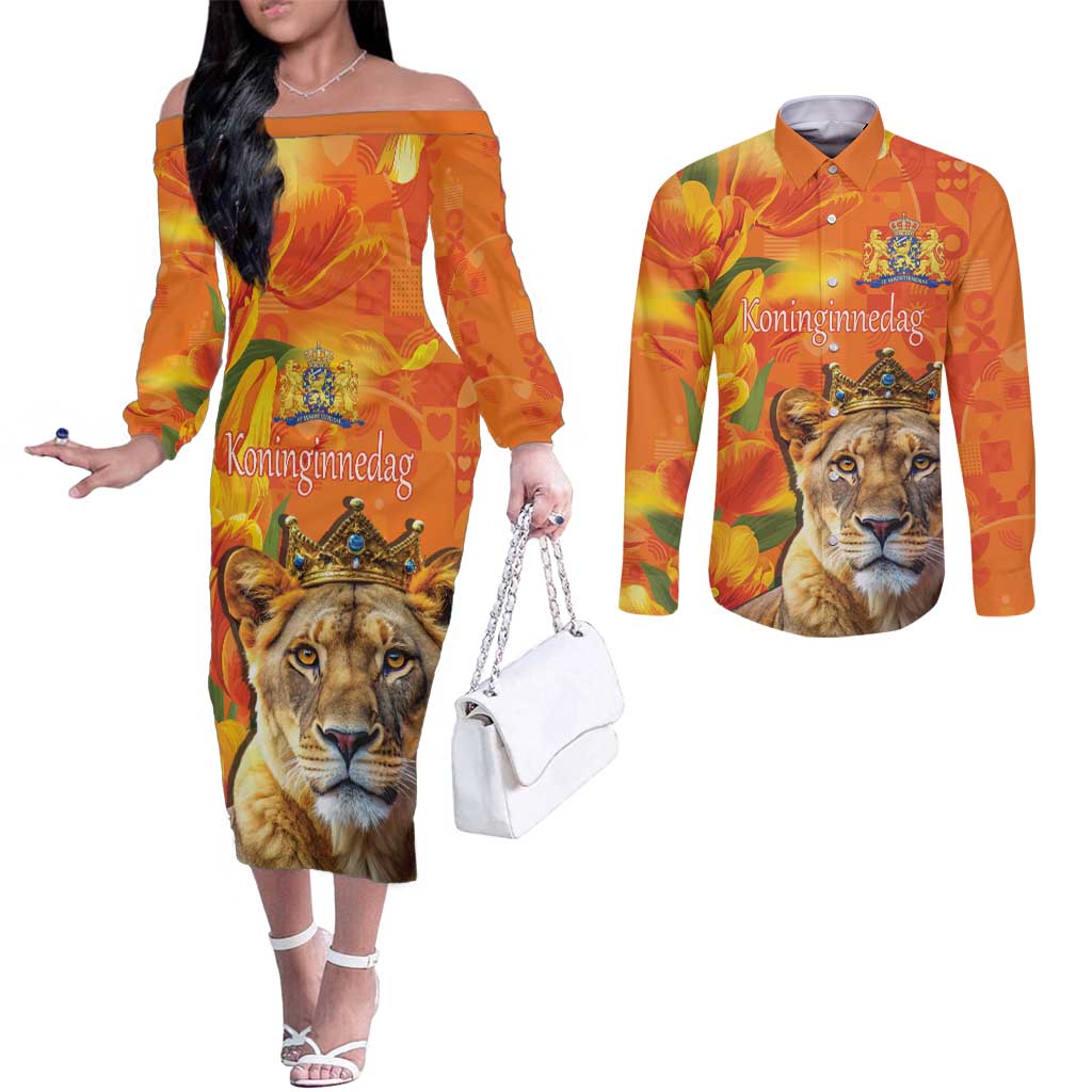 Personalized Netherlands Koninginnedag Couples Matching Off The Shoulder Long Sleeve Dress and Long Sleeve Button Shirt 30th April Lioness with Orange Tulip