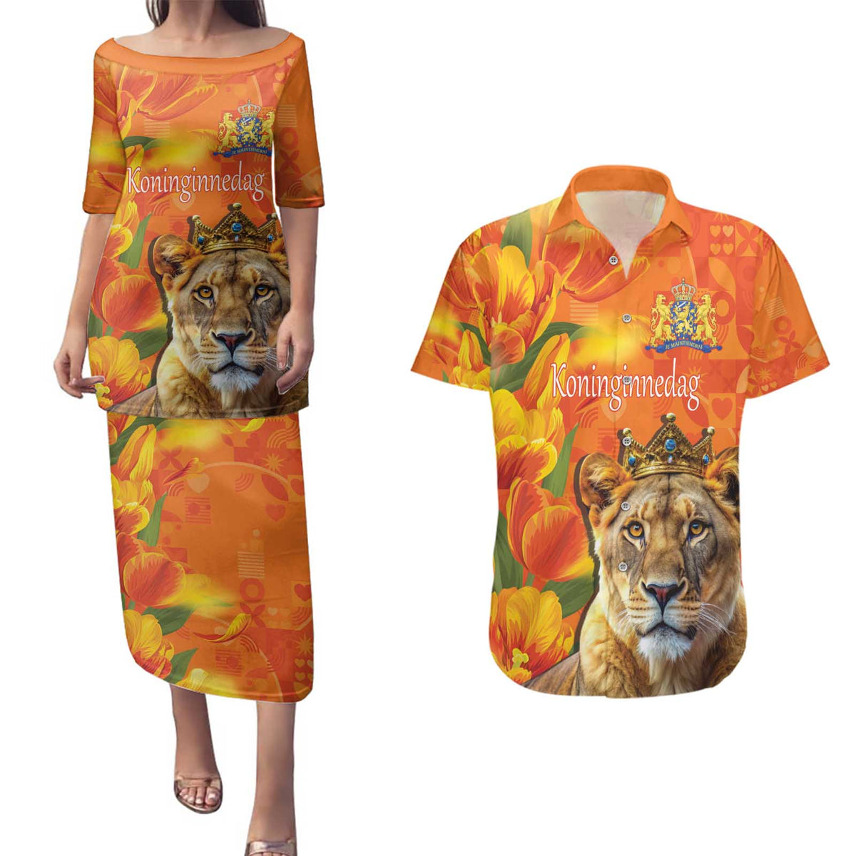 Personalized Netherlands Koninginnedag Couples Matching Puletasi and Hawaiian Shirt 30th April Lioness with Orange Tulip