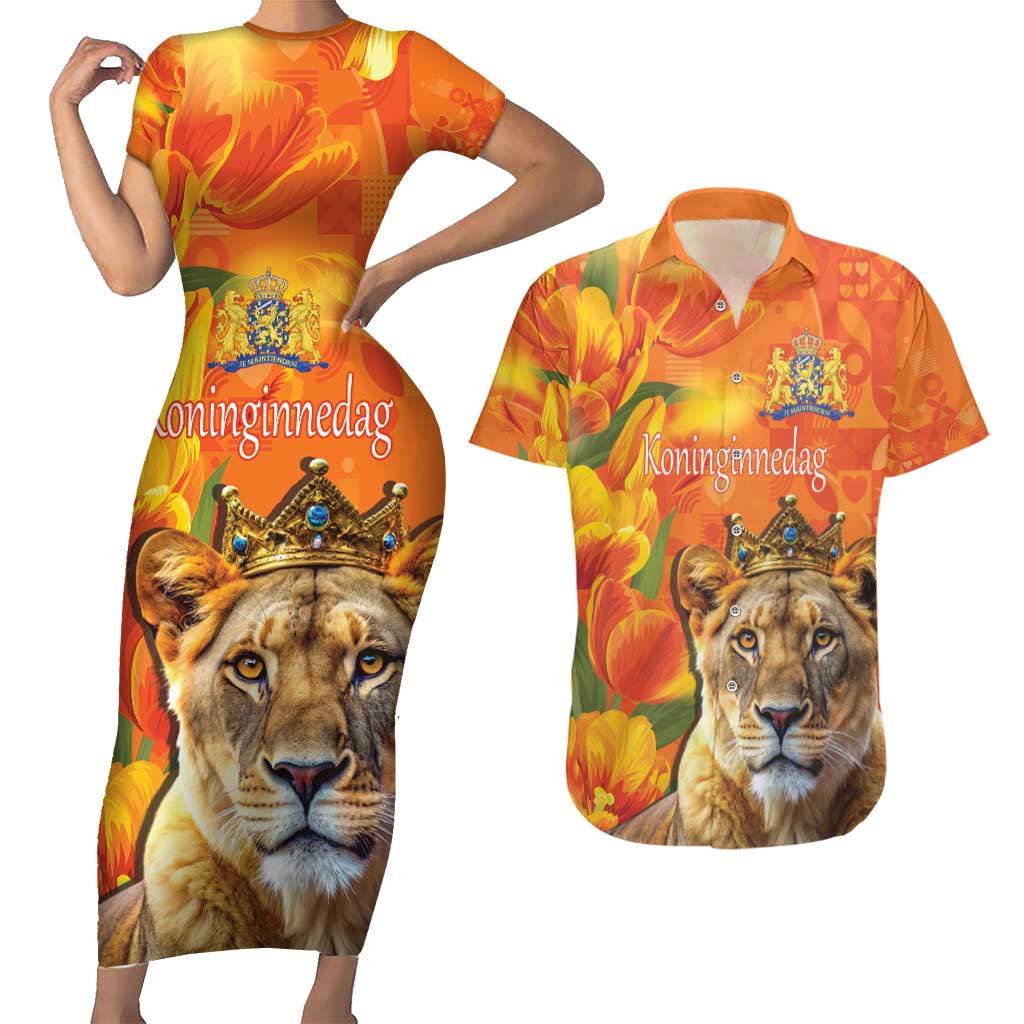 Personalized Netherlands Koninginnedag Couples Matching Short Sleeve Bodycon Dress and Hawaiian Shirt 30th April Lioness with Orange Tulip