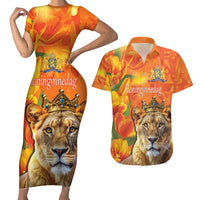 Personalized Netherlands Koninginnedag Couples Matching Short Sleeve Bodycon Dress and Hawaiian Shirt 30th April Lioness with Orange Tulip