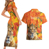 Personalized Netherlands Koninginnedag Couples Matching Short Sleeve Bodycon Dress and Hawaiian Shirt 30th April Lioness with Orange Tulip