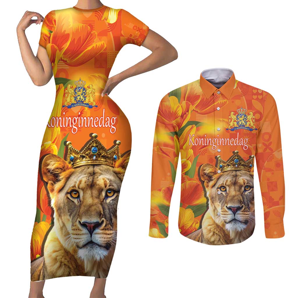 Personalized Netherlands Koninginnedag Couples Matching Short Sleeve Bodycon Dress and Long Sleeve Button Shirt 30th April Lioness with Orange Tulip