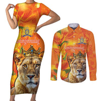 Personalized Netherlands Koninginnedag Couples Matching Short Sleeve Bodycon Dress and Long Sleeve Button Shirt 30th April Lioness with Orange Tulip