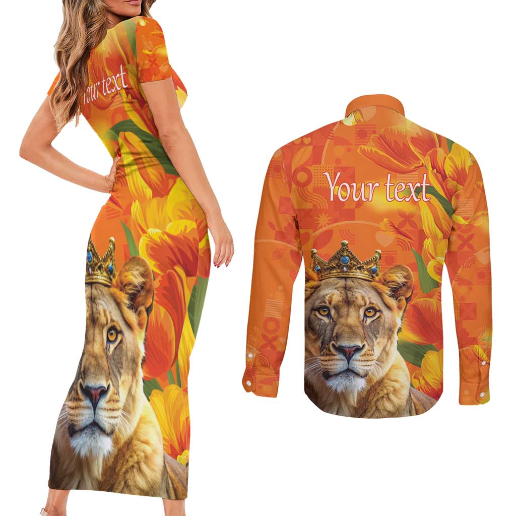 Personalized Netherlands Koninginnedag Couples Matching Short Sleeve Bodycon Dress and Long Sleeve Button Shirt 30th April Lioness with Orange Tulip