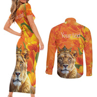 Personalized Netherlands Koninginnedag Couples Matching Short Sleeve Bodycon Dress and Long Sleeve Button Shirt 30th April Lioness with Orange Tulip