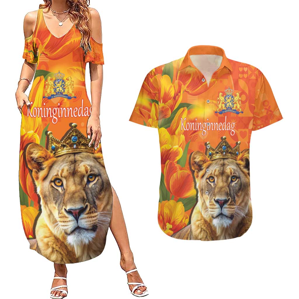 Personalized Netherlands Koninginnedag Couples Matching Summer Maxi Dress and Hawaiian Shirt 30th April Lioness with Orange Tulip