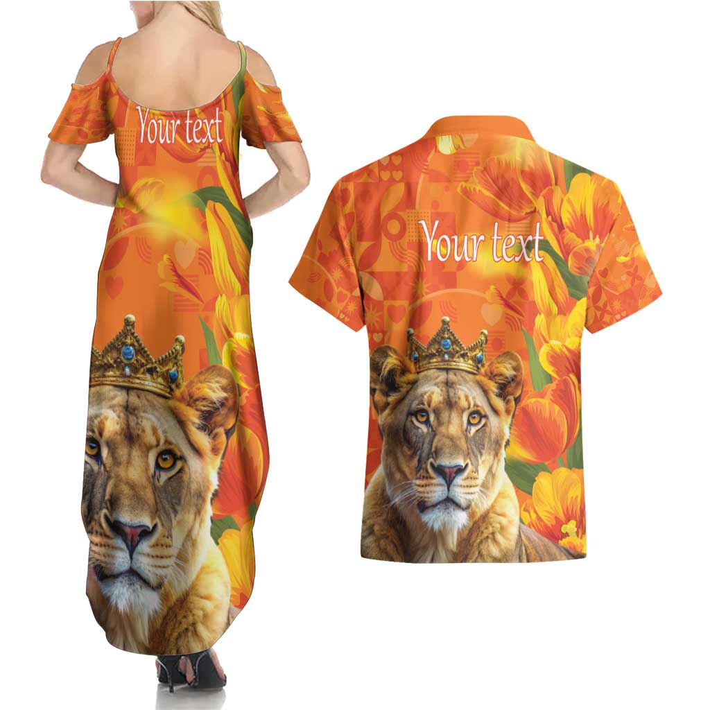 Personalized Netherlands Koninginnedag Couples Matching Summer Maxi Dress and Hawaiian Shirt 30th April Lioness with Orange Tulip