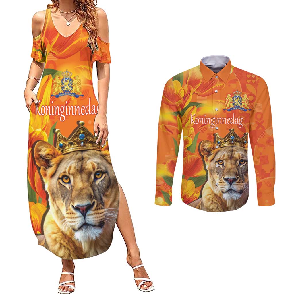 Personalized Netherlands Koninginnedag Couples Matching Summer Maxi Dress and Long Sleeve Button Shirt 30th April Lioness with Orange Tulip