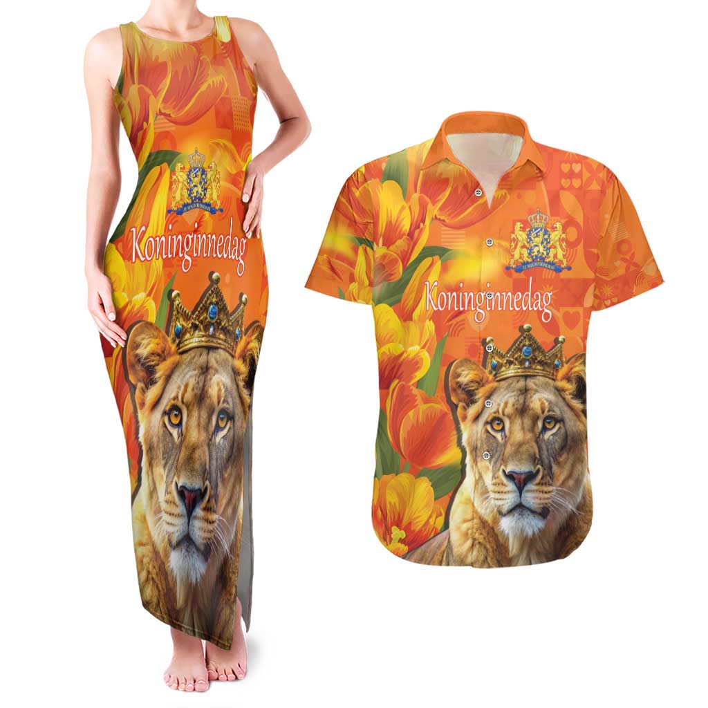 Personalized Netherlands Koninginnedag Couples Matching Tank Maxi Dress and Hawaiian Shirt 30th April Lioness with Orange Tulip