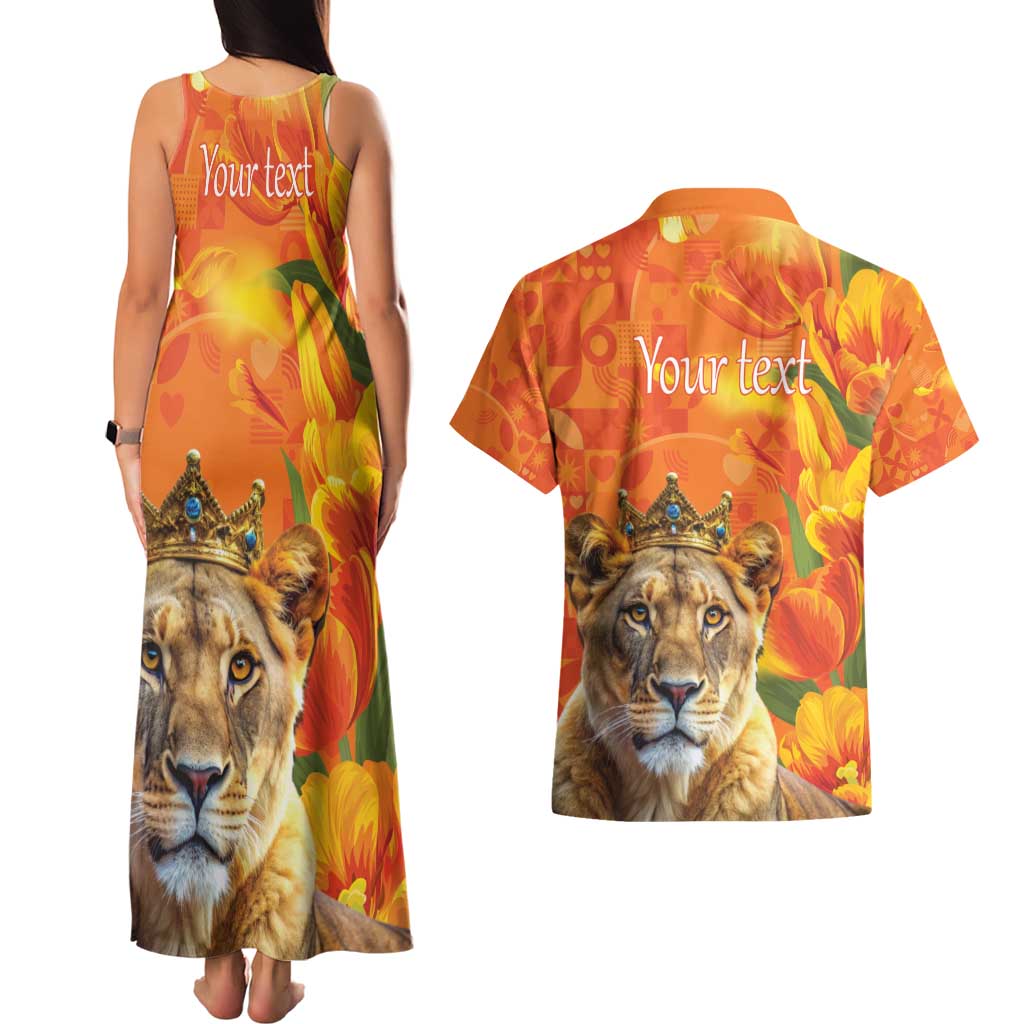Personalized Netherlands Koninginnedag Couples Matching Tank Maxi Dress and Hawaiian Shirt 30th April Lioness with Orange Tulip