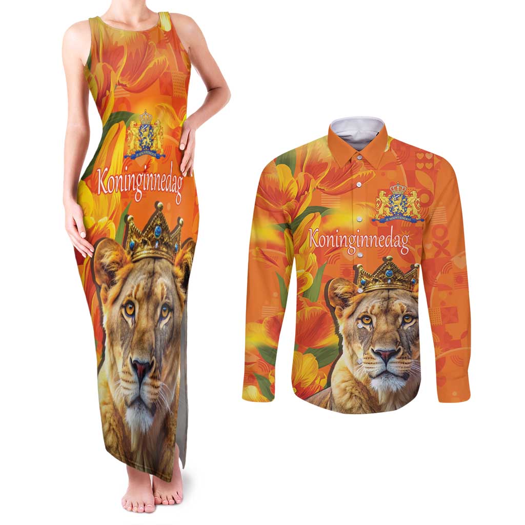 Personalized Netherlands Koninginnedag Couples Matching Tank Maxi Dress and Long Sleeve Button Shirt 30th April Lioness with Orange Tulip