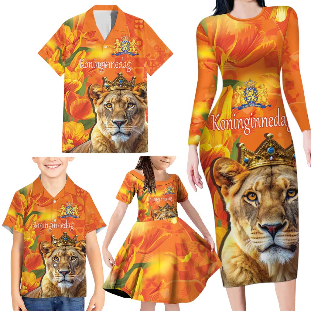 Personalized Netherlands Koninginnedag Family Matching Long Sleeve Bodycon Dress and Hawaiian Shirt 30th April Lioness with Orange Tulip