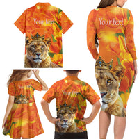 Personalized Netherlands Koninginnedag Family Matching Long Sleeve Bodycon Dress and Hawaiian Shirt 30th April Lioness with Orange Tulip