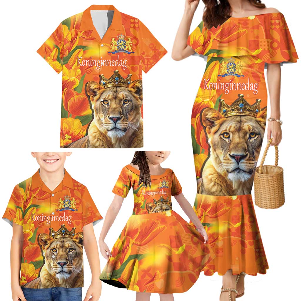 Personalized Netherlands Koninginnedag Family Matching Mermaid Dress and Hawaiian Shirt 30th April Lioness with Orange Tulip