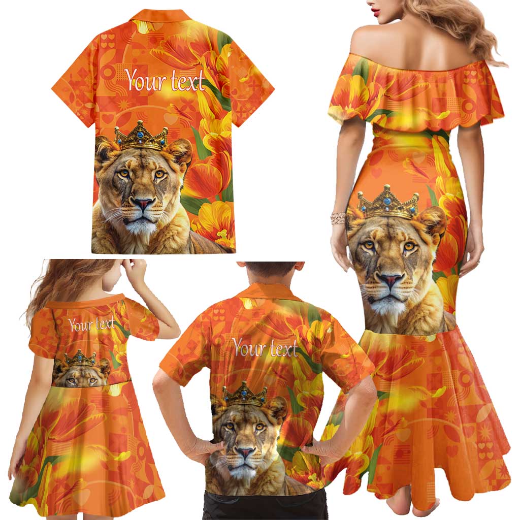 Personalized Netherlands Koninginnedag Family Matching Mermaid Dress and Hawaiian Shirt 30th April Lioness with Orange Tulip