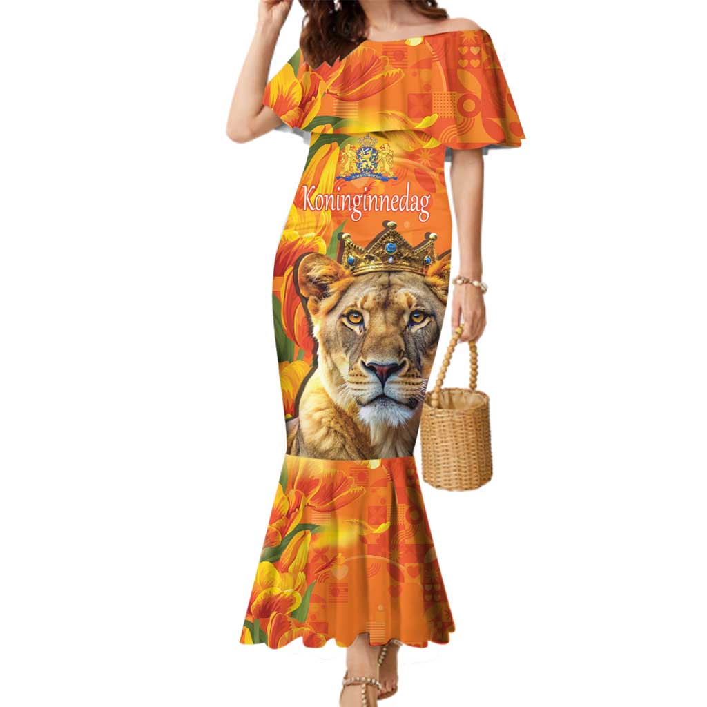 Personalized Netherlands Koninginnedag Family Matching Mermaid Dress and Hawaiian Shirt 30th April Lioness with Orange Tulip