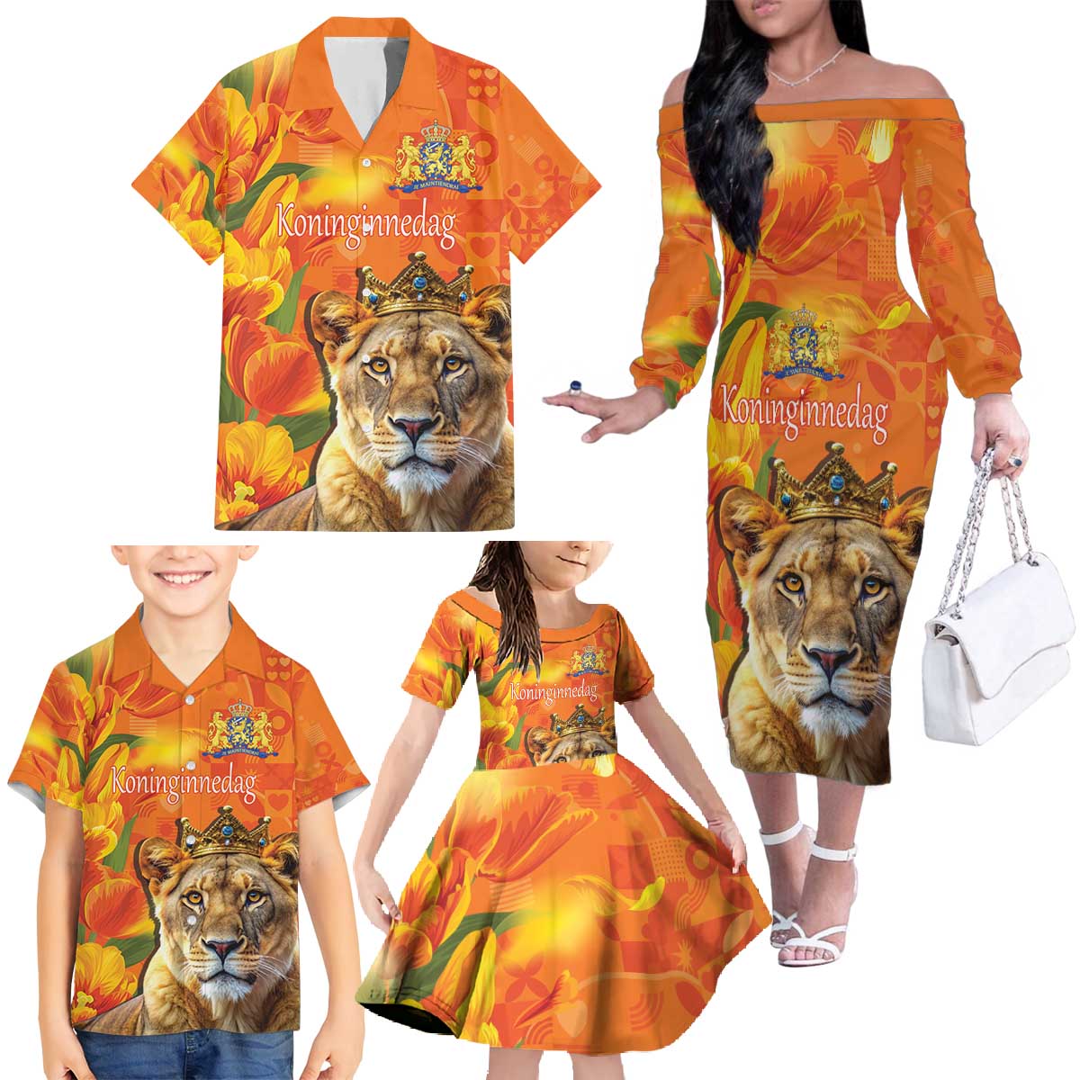 Personalized Netherlands Koninginnedag Family Matching Off The Shoulder Long Sleeve Dress and Hawaiian Shirt 30th April Lioness with Orange Tulip