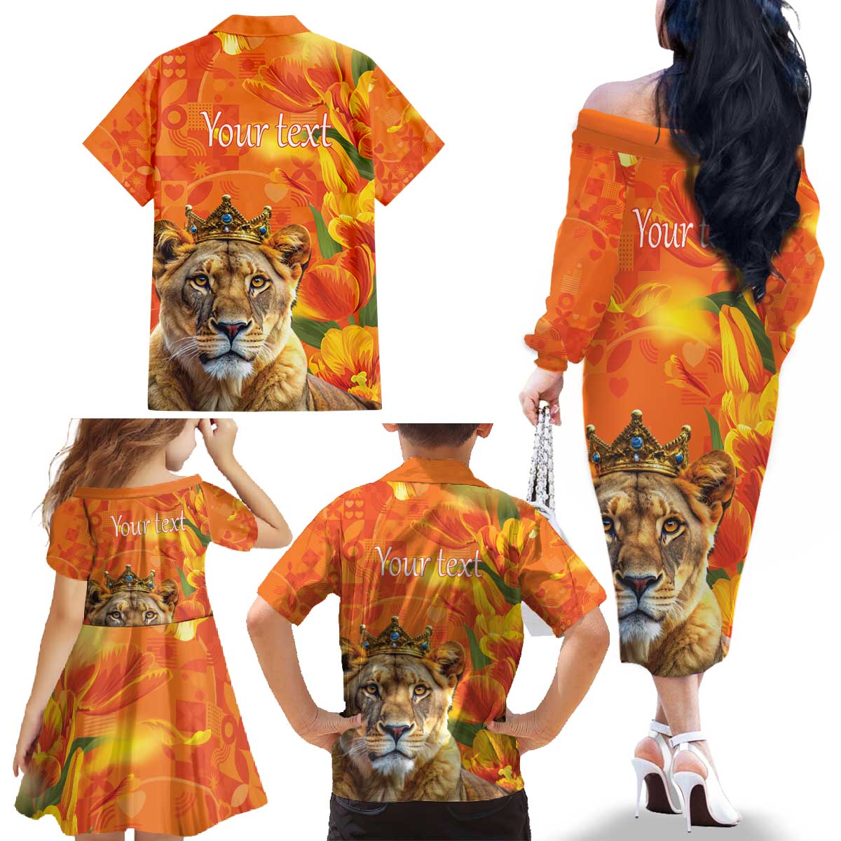 Personalized Netherlands Koninginnedag Family Matching Off The Shoulder Long Sleeve Dress and Hawaiian Shirt 30th April Lioness with Orange Tulip