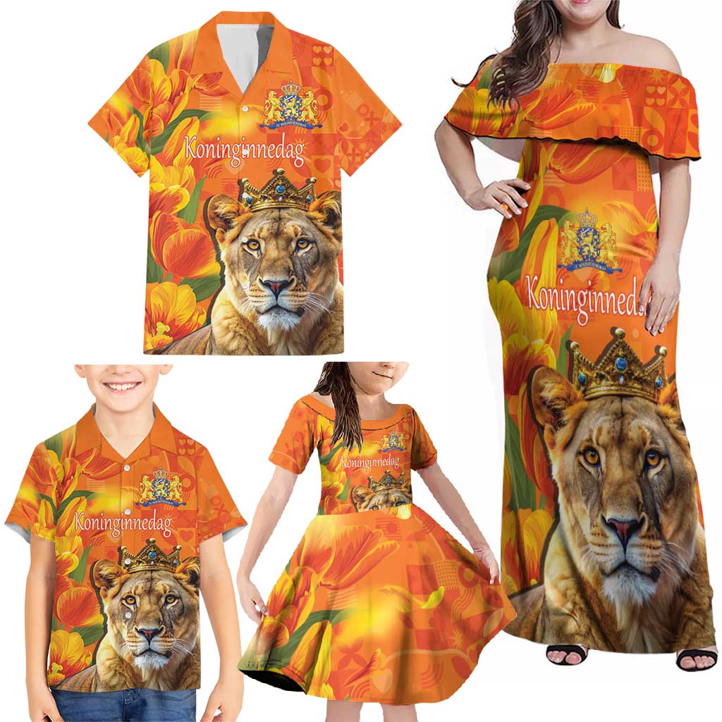 Personalized Netherlands Koninginnedag Family Matching Off Shoulder Maxi Dress and Hawaiian Shirt 30th April Lioness with Orange Tulip