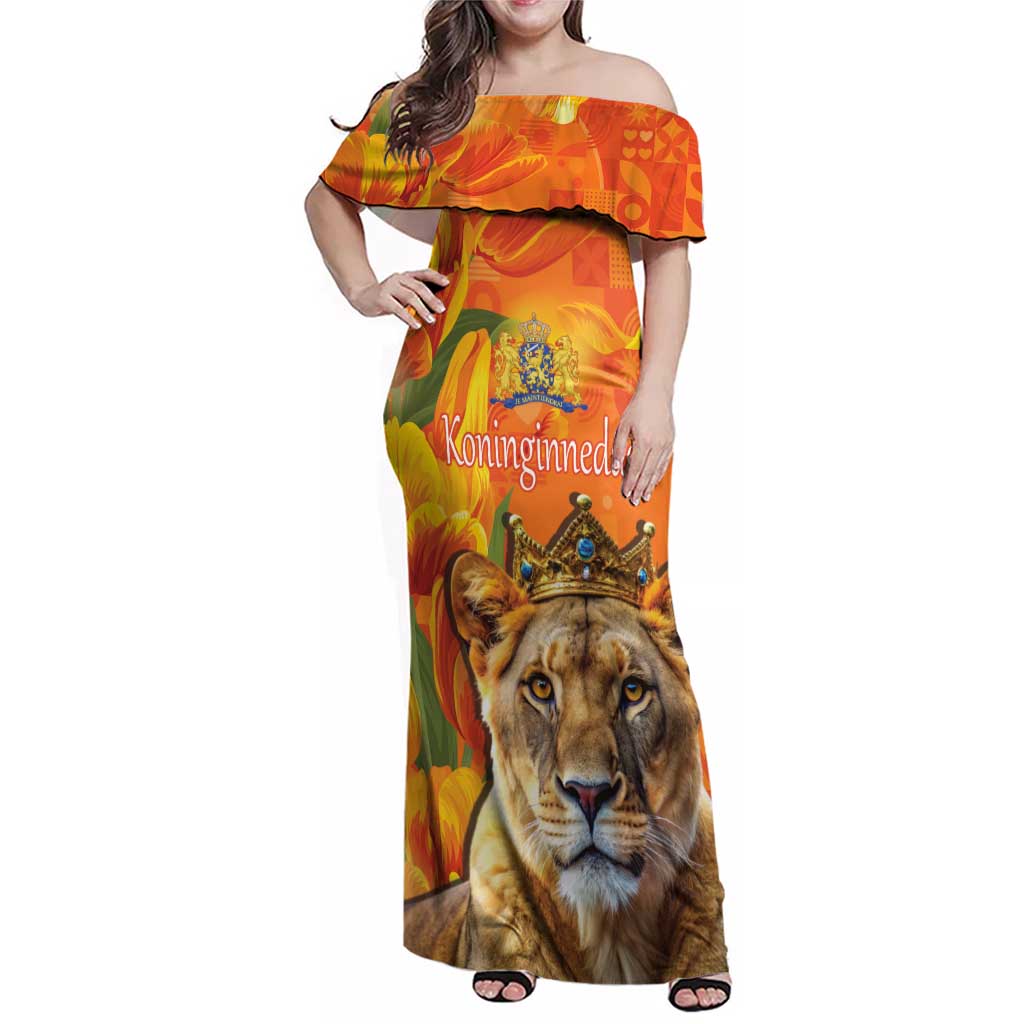 Personalized Netherlands Koninginnedag Family Matching Off Shoulder Maxi Dress and Hawaiian Shirt 30th April Lioness with Orange Tulip