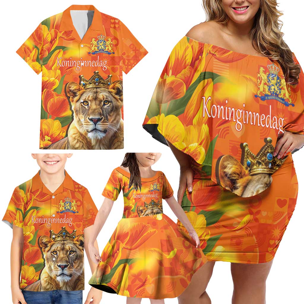 Personalized Netherlands Koninginnedag Family Matching Off Shoulder Short Dress and Hawaiian Shirt 30th April Lioness with Orange Tulip