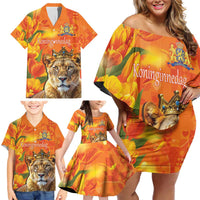 Personalized Netherlands Koninginnedag Family Matching Off Shoulder Short Dress and Hawaiian Shirt 30th April Lioness with Orange Tulip