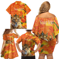 Personalized Netherlands Koninginnedag Family Matching Off Shoulder Short Dress and Hawaiian Shirt 30th April Lioness with Orange Tulip