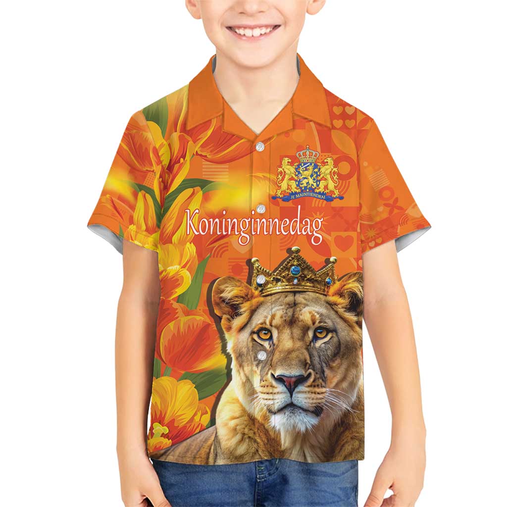 Personalized Netherlands Koninginnedag Family Matching Off Shoulder Short Dress and Hawaiian Shirt 30th April Lioness with Orange Tulip