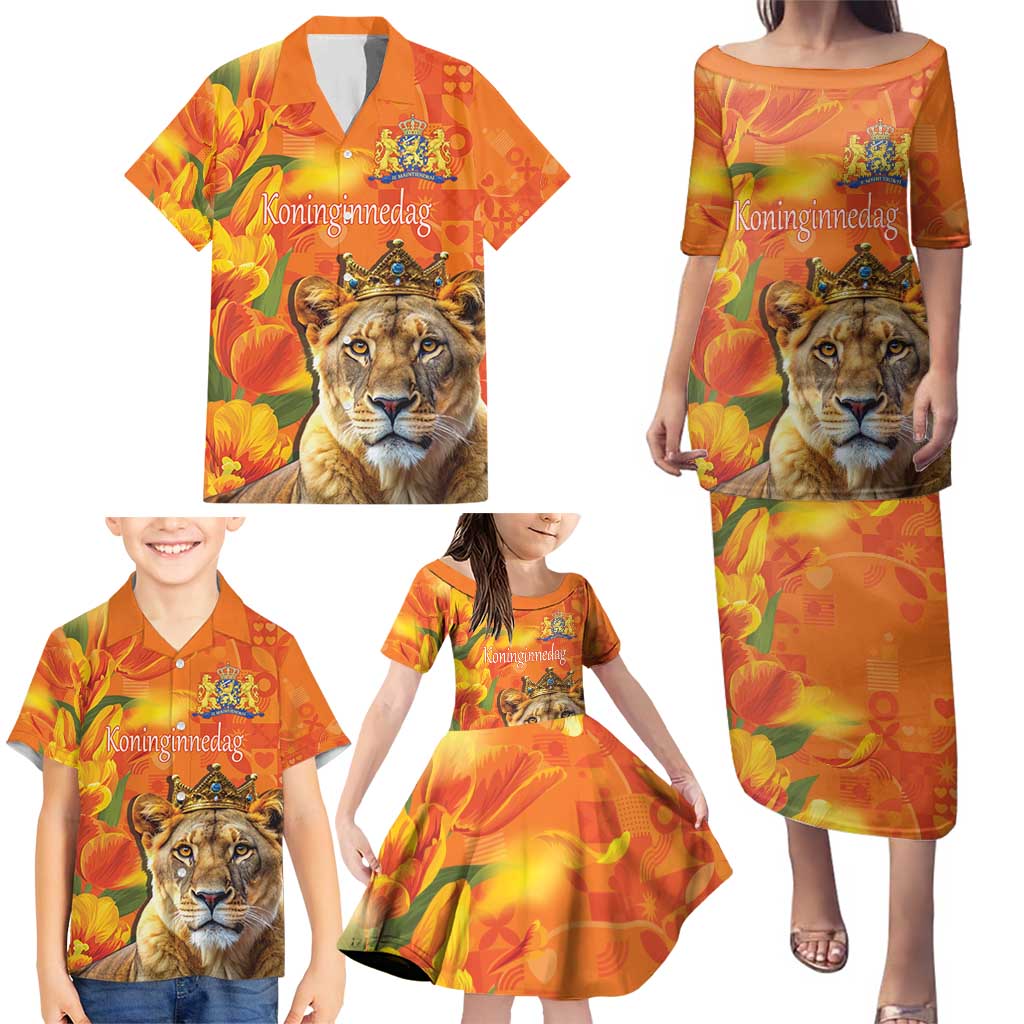 Personalized Netherlands Koninginnedag Family Matching Puletasi and Hawaiian Shirt 30th April Lioness with Orange Tulip