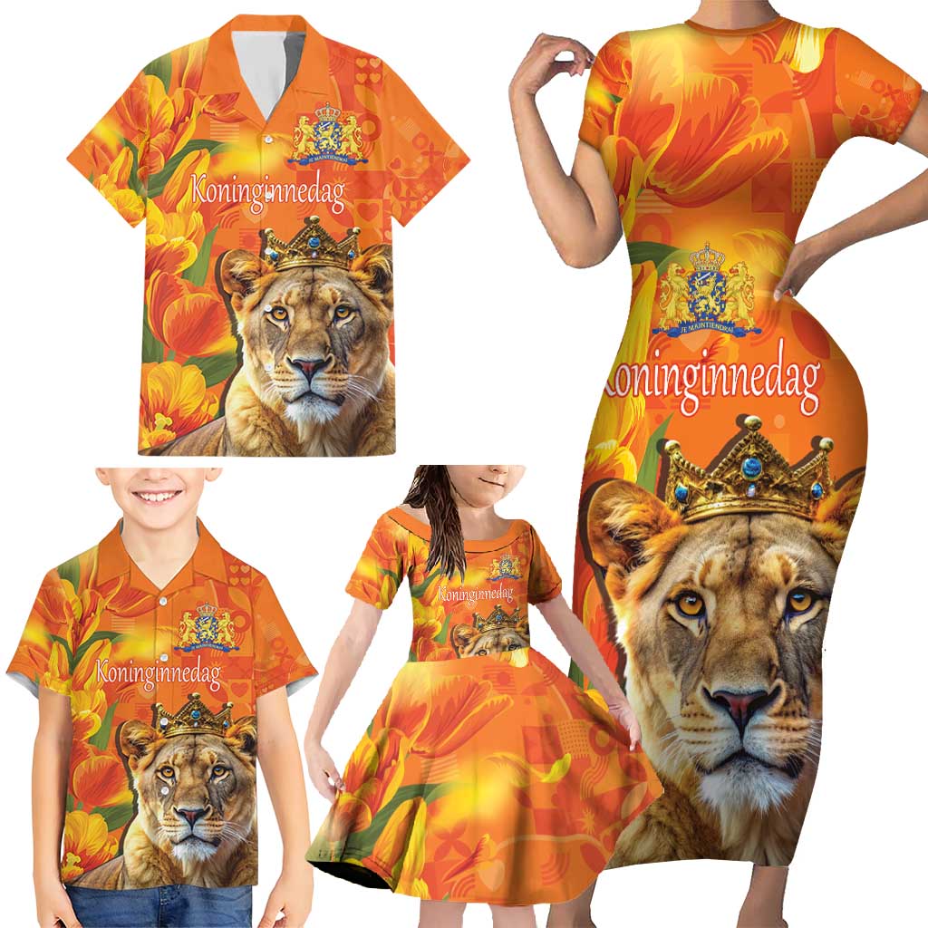 Personalized Netherlands Koninginnedag Family Matching Short Sleeve Bodycon Dress and Hawaiian Shirt 30th April Lioness with Orange Tulip