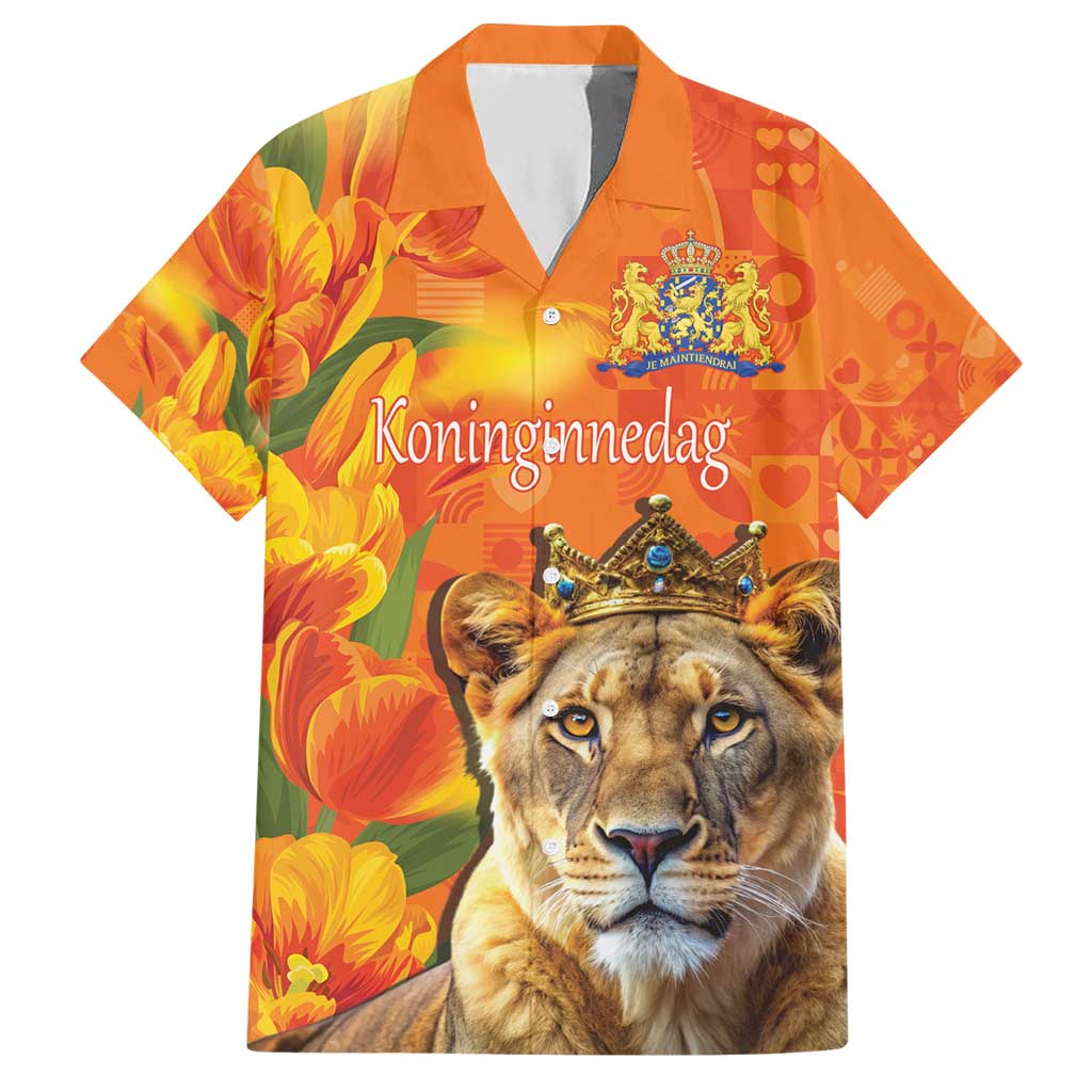 Personalized Netherlands Koninginnedag Family Matching Short Sleeve Bodycon Dress and Hawaiian Shirt 30th April Lioness with Orange Tulip