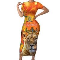 Personalized Netherlands Koninginnedag Family Matching Short Sleeve Bodycon Dress and Hawaiian Shirt 30th April Lioness with Orange Tulip