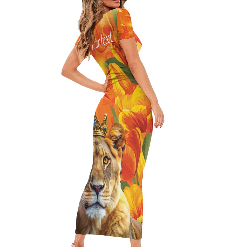 Personalized Netherlands Koninginnedag Family Matching Short Sleeve Bodycon Dress and Hawaiian Shirt 30th April Lioness with Orange Tulip