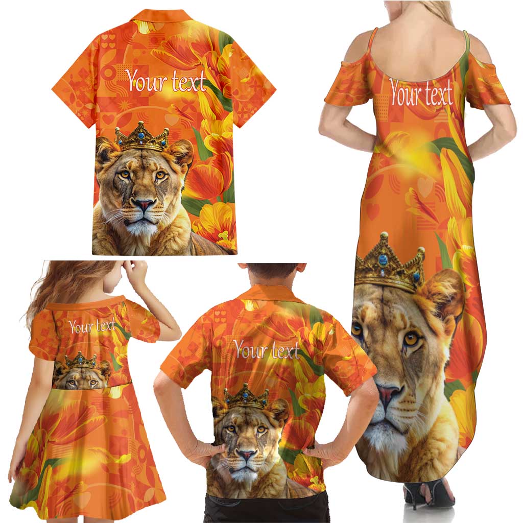 Personalized Netherlands Koninginnedag Family Matching Summer Maxi Dress and Hawaiian Shirt 30th April Lioness with Orange Tulip