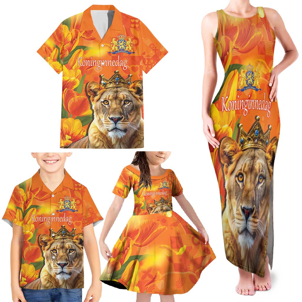 Personalized Netherlands Koninginnedag Family Matching Tank Maxi Dress and Hawaiian Shirt 30th April Lioness with Orange Tulip