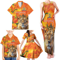 Personalized Netherlands Koninginnedag Family Matching Tank Maxi Dress and Hawaiian Shirt 30th April Lioness with Orange Tulip