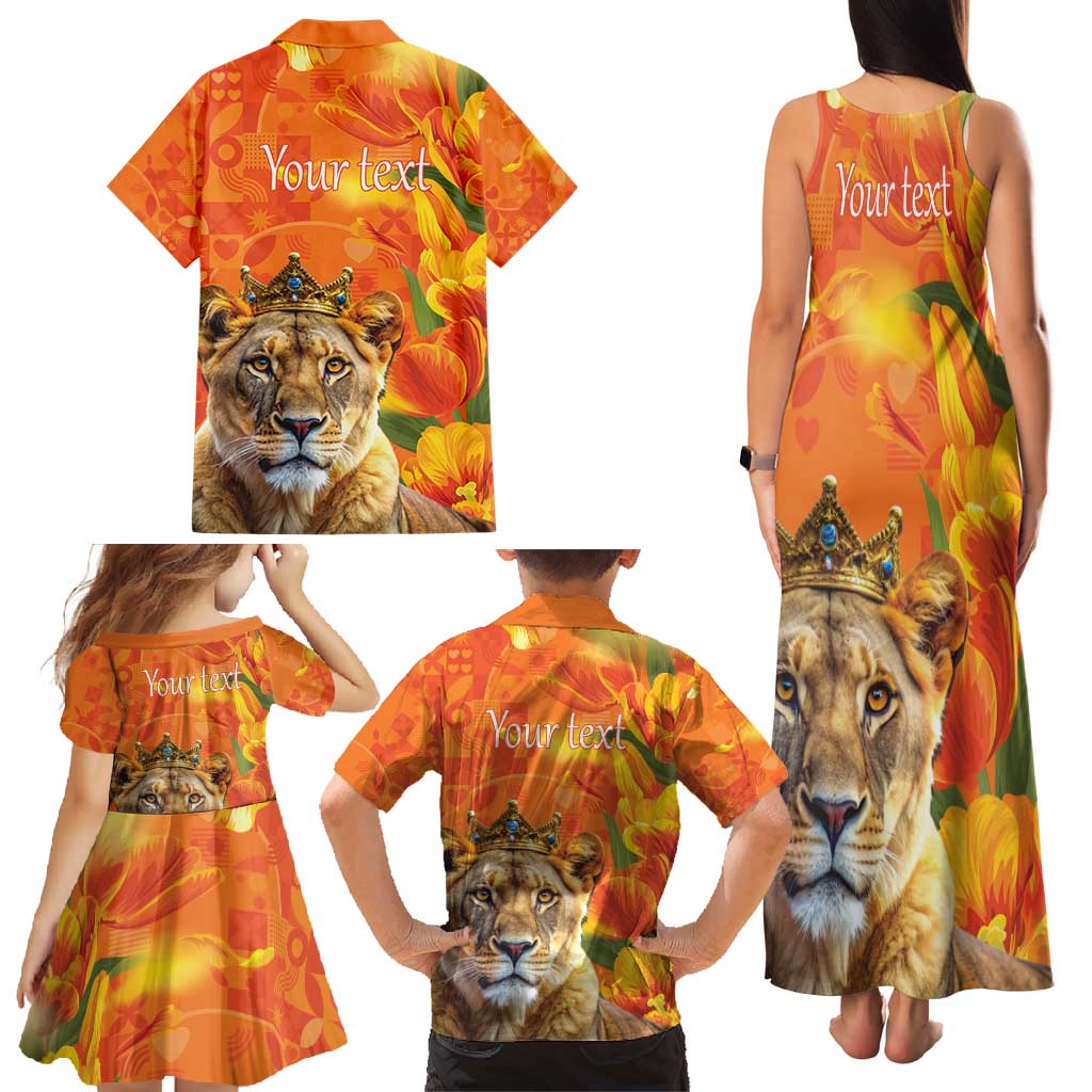 Personalized Netherlands Koninginnedag Family Matching Tank Maxi Dress and Hawaiian Shirt 30th April Lioness with Orange Tulip