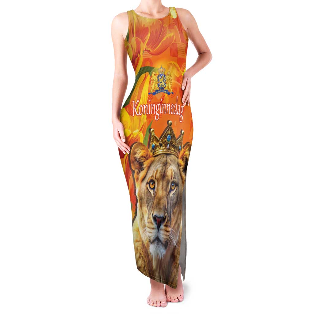 Personalized Netherlands Koninginnedag Family Matching Tank Maxi Dress and Hawaiian Shirt 30th April Lioness with Orange Tulip