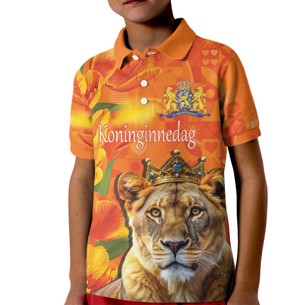 Personalized Netherlands Koninginnedag Kid Polo Shirt 30th April Lioness with Orange Tulip