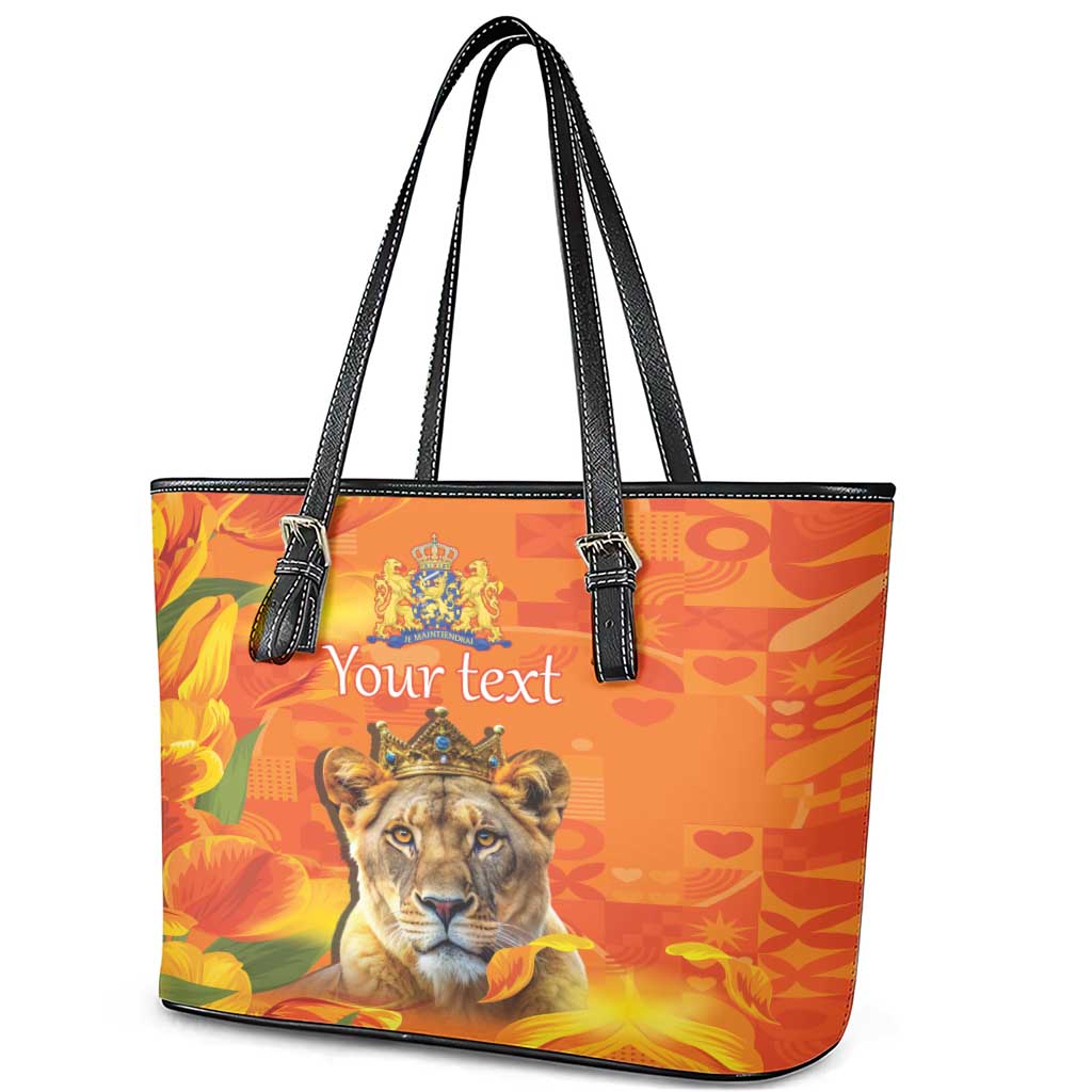 Personalized Netherlands Koninginnedag Leather Tote Bag 30th April Lioness with Orange Tulip