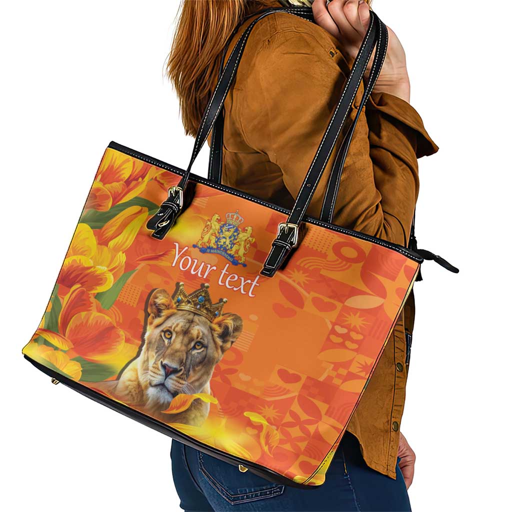 Personalized Netherlands Koninginnedag Leather Tote Bag 30th April Lioness with Orange Tulip