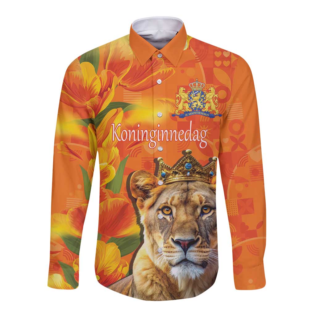 Personalized Netherlands Koninginnedag Long Sleeve Button Shirt 30th April Lioness with Orange Tulip
