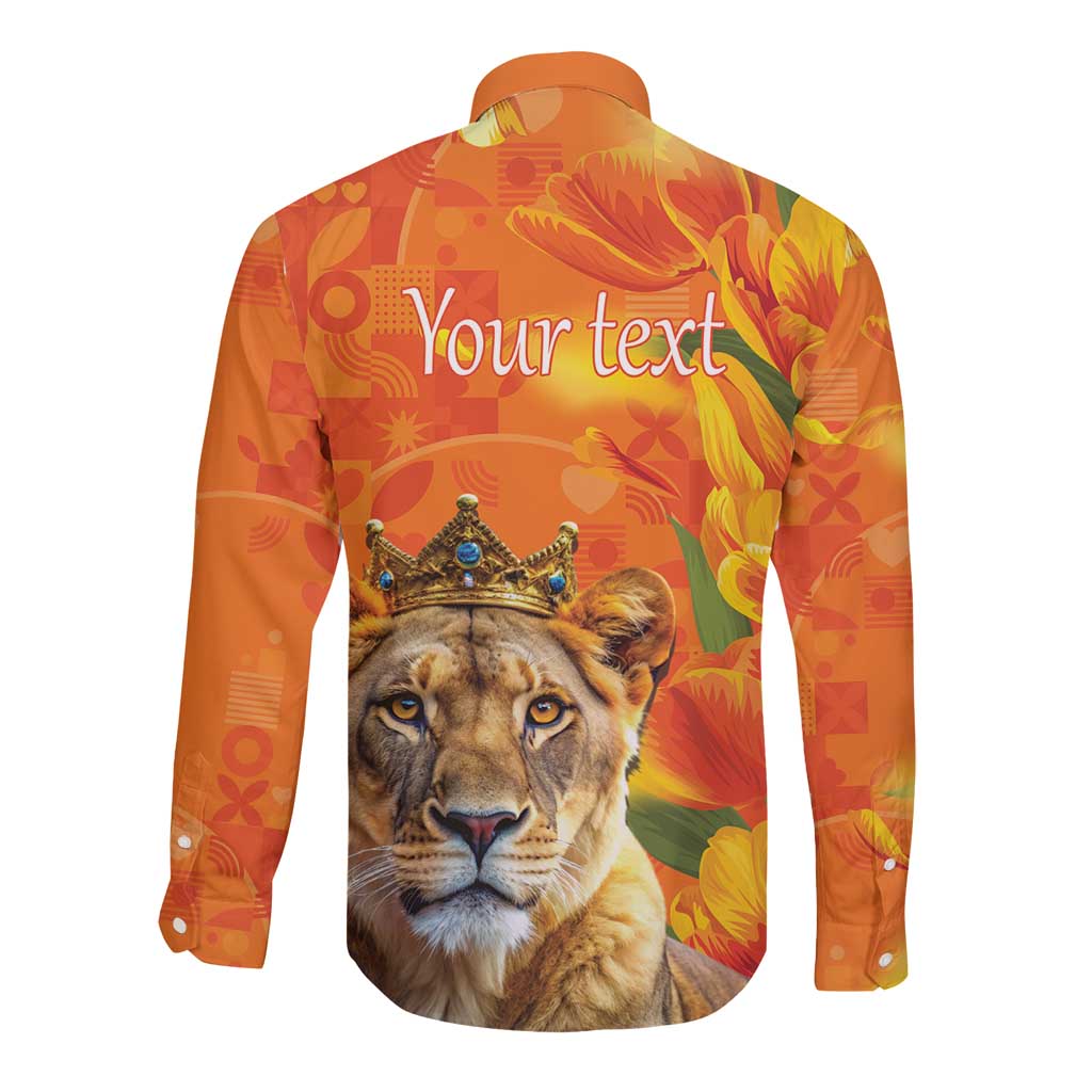 Personalized Netherlands Koninginnedag Long Sleeve Button Shirt 30th April Lioness with Orange Tulip