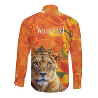 Personalized Netherlands Koninginnedag Long Sleeve Button Shirt 30th April Lioness with Orange Tulip