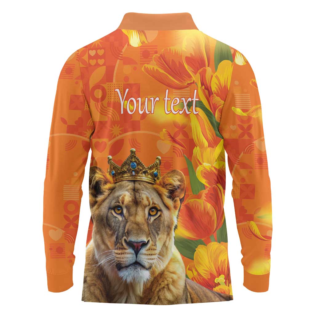 Personalized Netherlands Koninginnedag Long Sleeve Polo Shirt 30th April Lioness with Orange Tulip