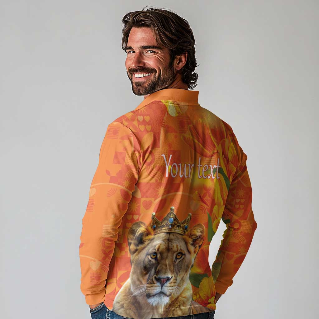 Personalized Netherlands Koninginnedag Long Sleeve Polo Shirt 30th April Lioness with Orange Tulip