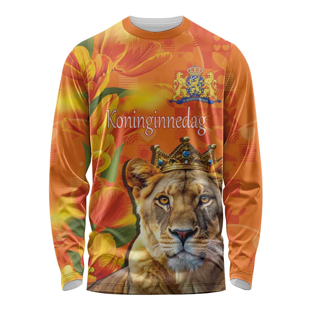 Personalized Netherlands Koninginnedag Long Sleeve Shirt 30th April Lioness with Orange Tulip