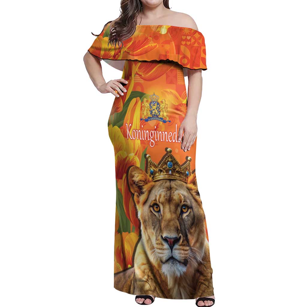 Personalized Netherlands Koninginnedag Off Shoulder Maxi Dress 30th April Lioness with Orange Tulip