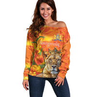 Personalized Netherlands Koninginnedag Off Shoulder Sweater 30th April Lioness with Orange Tulip